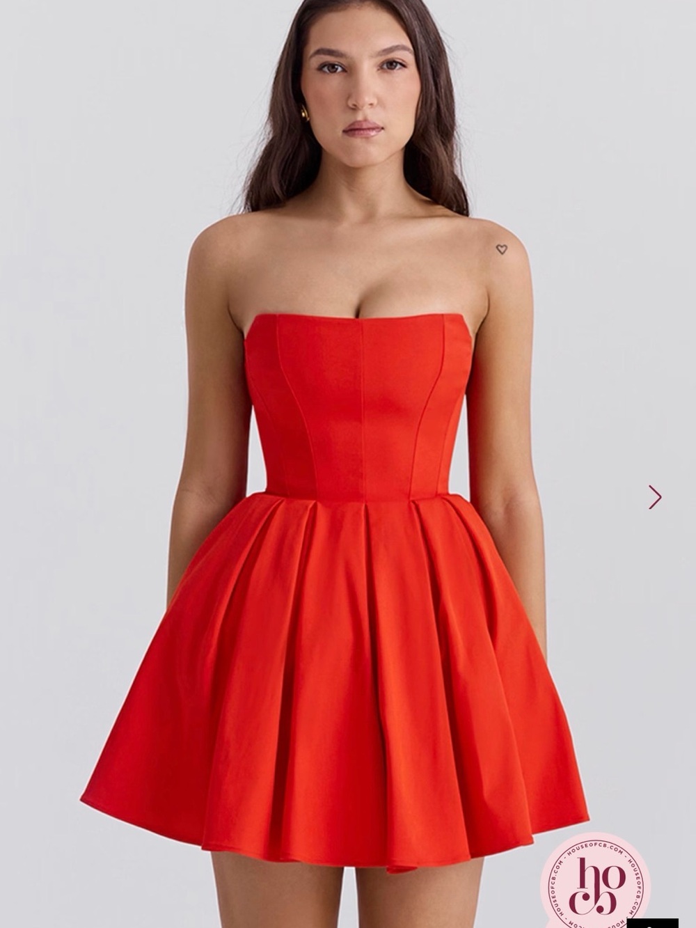 House of CB EMMANUELA
Italian Tomato Strapless Pleated Mini Dress